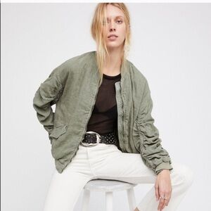 Free People Ruched Linen Bomber Jacket in Mermaid Green ~Size S​​​